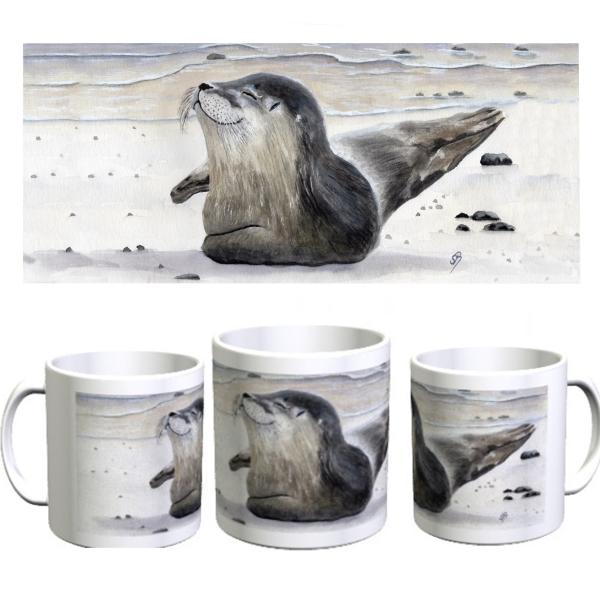 Tasse Becher Kaffeebecher  Aquarell Maritim Kunst Druck Kunstdruck Seehund Robbe Heuler Kegelrobbe Dänemark Nordsee Ostsee